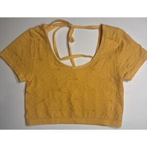 Women’s Yellow Seamless Crop Top Open Back Tie Short Sleeve Stretch
